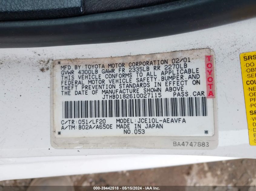 2001 Lexus Is 300 VIN: JTHBD182610027115 Lot: 39442518