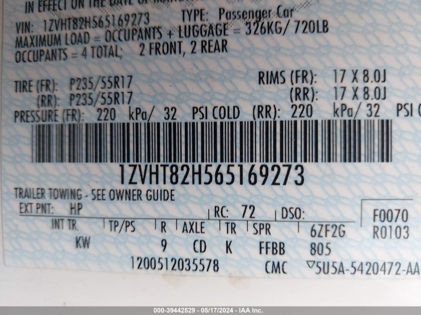 2006 Ford Mustang Gt VIN: 1ZVHT82H565169273 Lot: 39442529