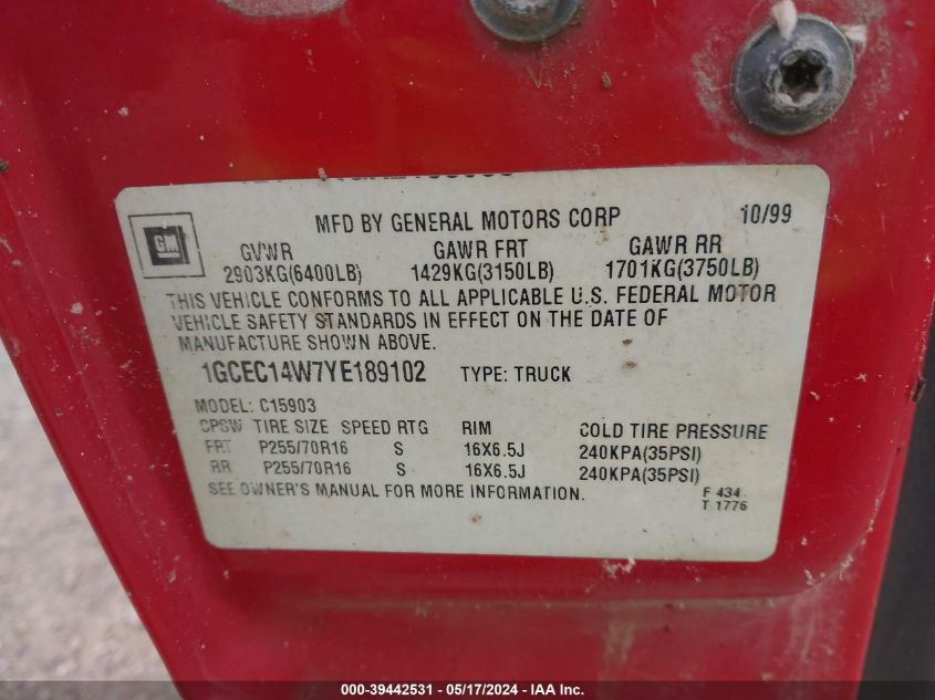 2000 Chevrolet Silverado 1500 VIN: 1GCEC14W7YE189102 Lot: 39442531