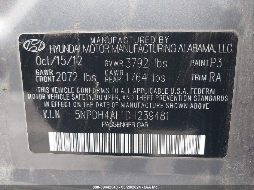 2013 Hyundai Elantra Gls VIN: 5NPDH4AE1DH239481 Lot: 39442543