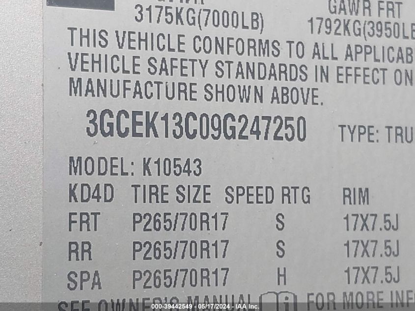 2009 Chevrolet Silverado 1500 Ls VIN: 3GCEK13C09G247250 Lot: 39442549