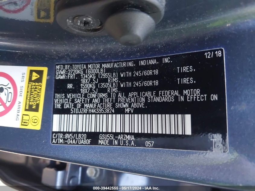 2019 Toyota Highlander Xle VIN: 5TDJZRFH4KS953824 Lot: 39442555