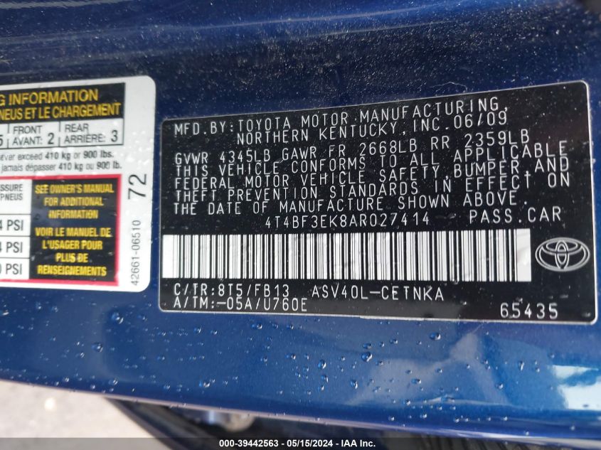 2010 Toyota Camry Le VIN: 4T4BF3EK8AR027414 Lot: 39442563