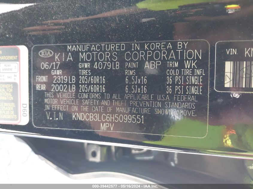 2017 Kia Niro Fe VIN: KNDCB3LC6H5099551 Lot: 39442577