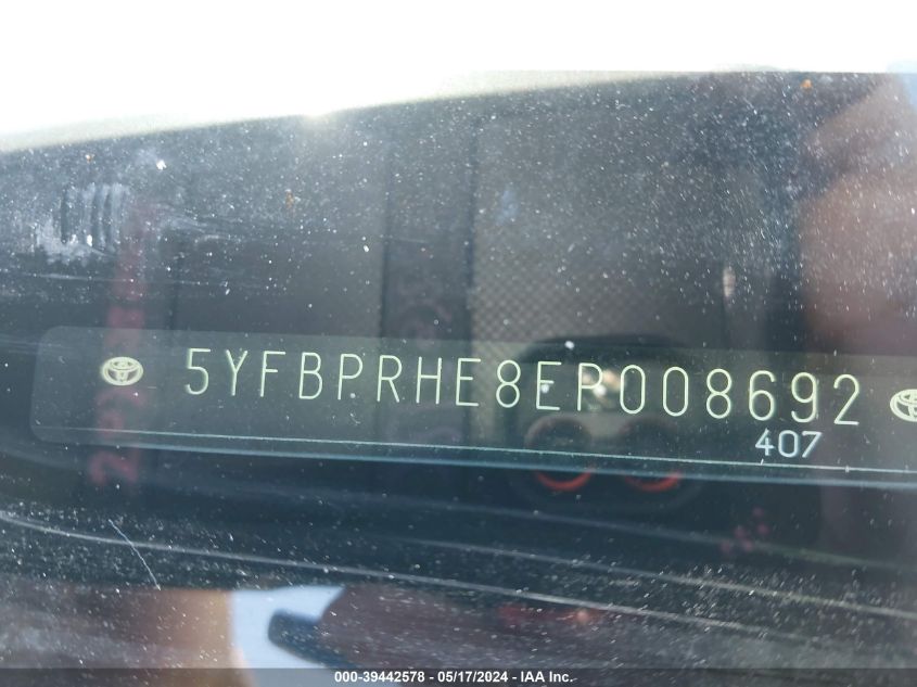 2014 Toyota Corolla Le Eco/Le Eco Plus/Le Eco Premium VIN: 5YFBPRHE8EP008692 Lot: 39442578