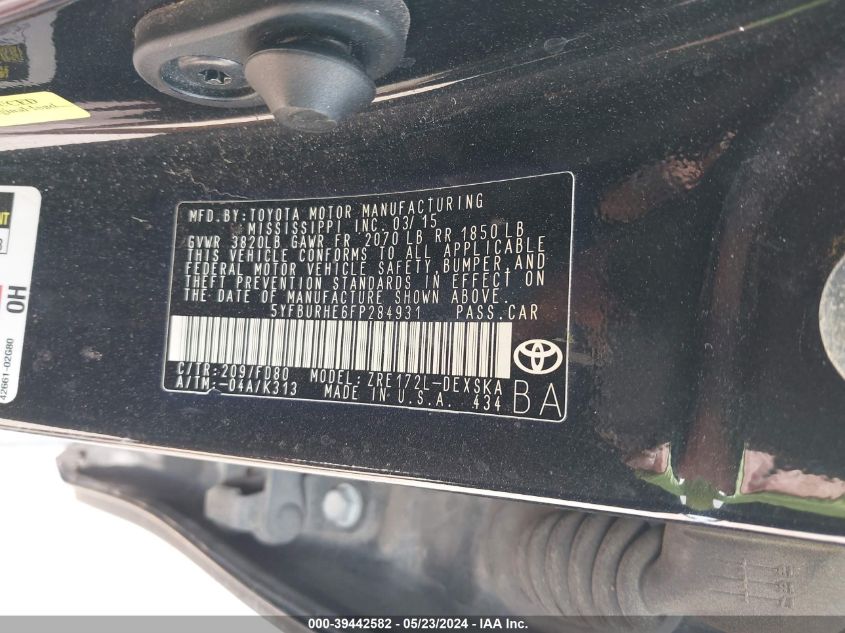 2015 Toyota Corolla S Plus VIN: 5YFBURHE6FP284931 Lot: 39442582