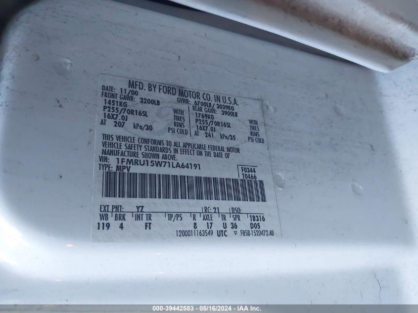 2001 Ford Expedition Xlt VIN: 1FMRU15W71LA64191 Lot: 39442583