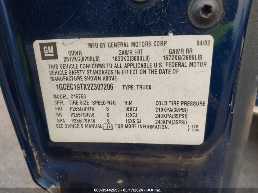 2002 Chevrolet Silverado 1500 Ls VIN: 1GCEC19TX2Z307206 Lot: 39442593