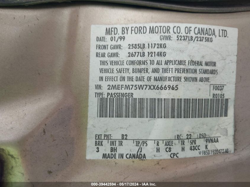 1999 Mercury Grand Marquis Ls VIN: 2MEFM75W7XX666965 Lot: 39442594