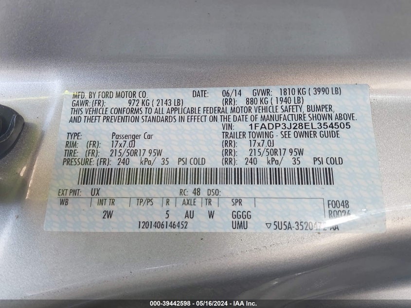 2014 FORD FOCUS VIN: 1FADP3J28EL354505