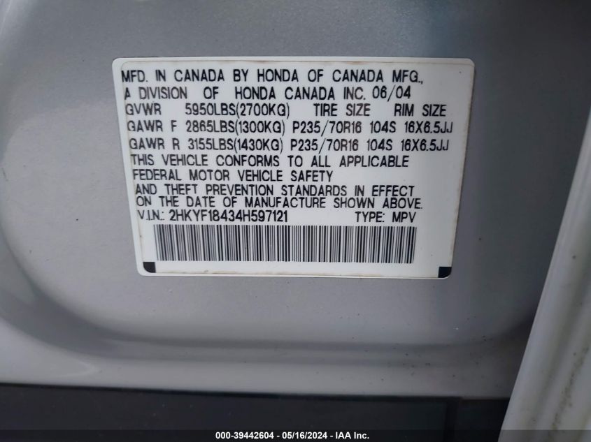 2004 Honda Pilot Ex VIN: 2HKYF18434H597121 Lot: 39442604
