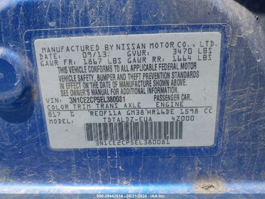 2014 Nissan Versa Note Sv VIN: 3N1CE2CP5EL380081 Lot: 39442614