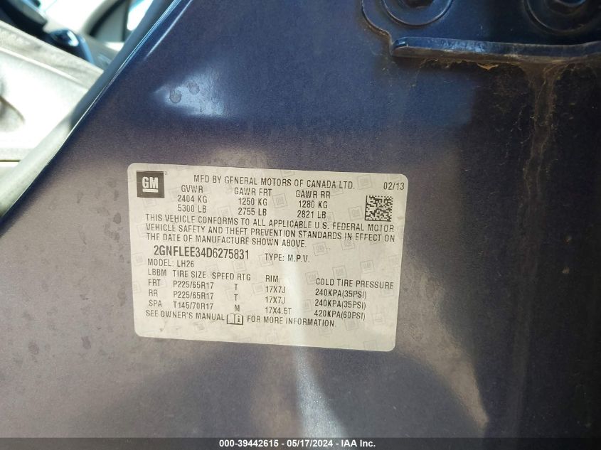 2013 Chevrolet Equinox 1Lt VIN: 2GNFLEE34D6275831 Lot: 39442615