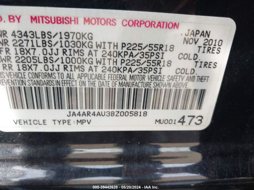 2011 Mitsubishi Outlander Sport Se VIN: JA4AR4AU3BZ005818 Lot: 39442628