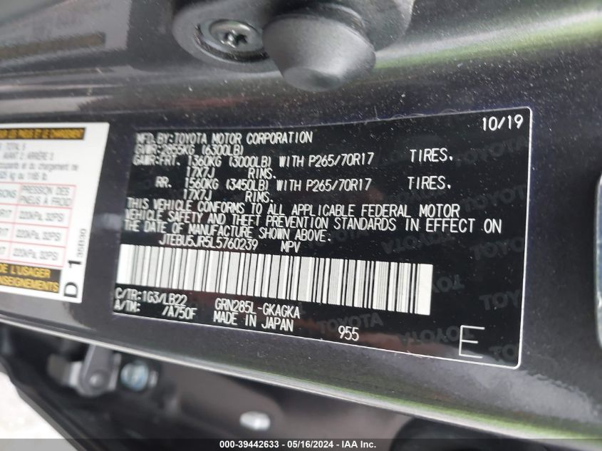 2020 Toyota 4Runner VIN: JTEBU5JR5L5760239 Lot: 39442633