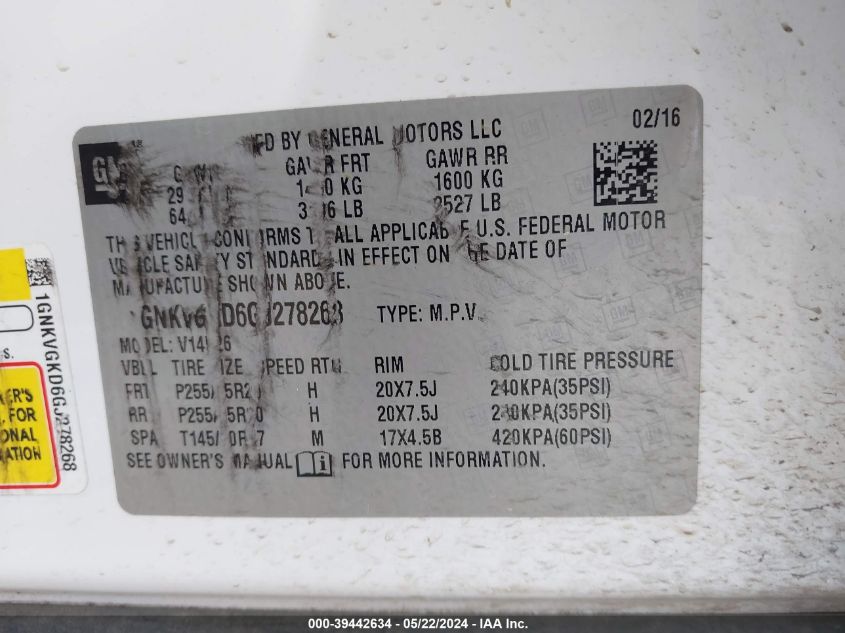 2016 Chevrolet Traverse 1Lt VIN: 1GNKVGKD6GJ278268 Lot: 39442634