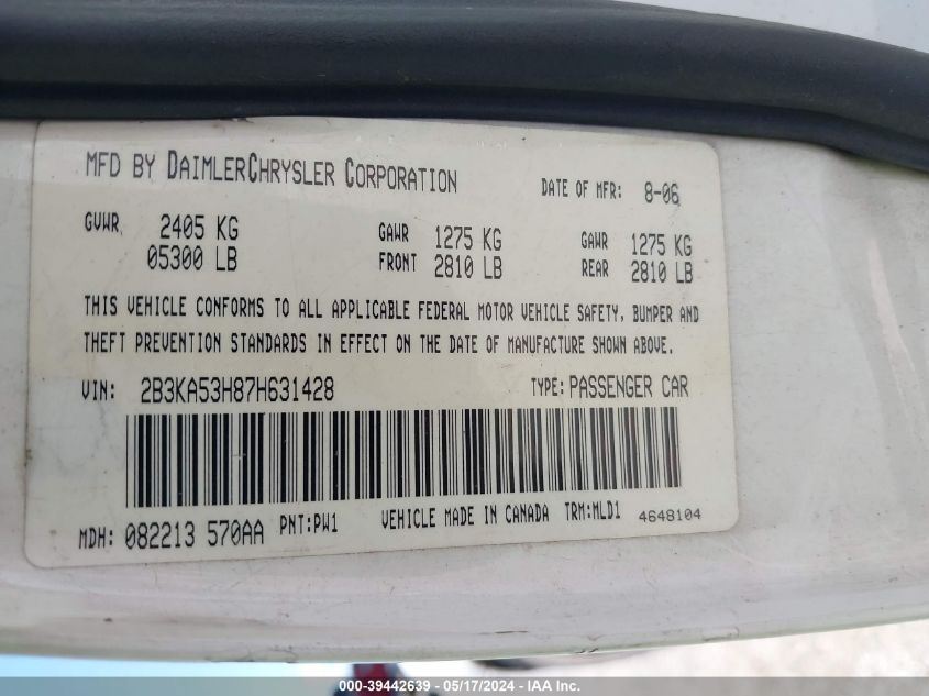 2007 Dodge Charger Rt VIN: 2B3KA53H87H631428 Lot: 39442639