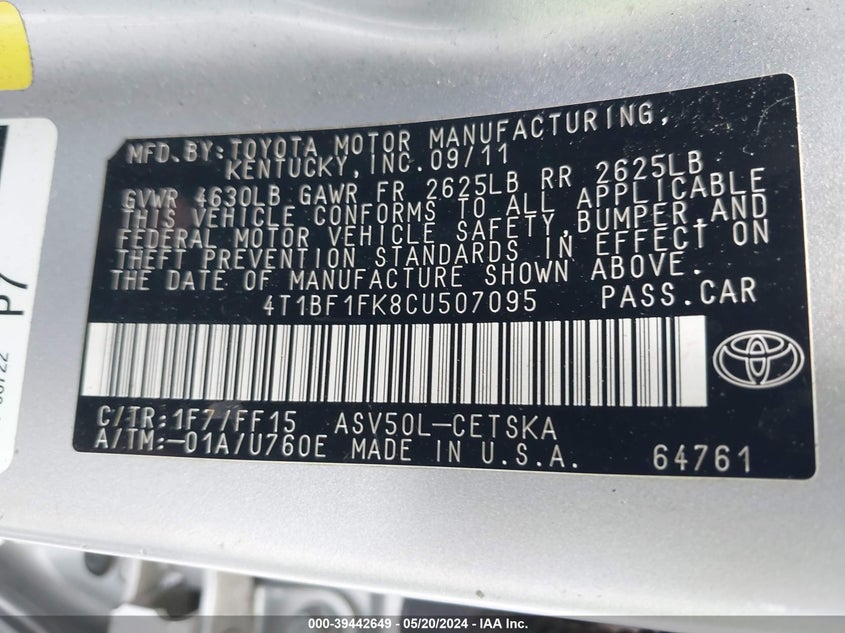 2012 Toyota Camry Se VIN: 4T1BF1FK8CU507095 Lot: 39442649