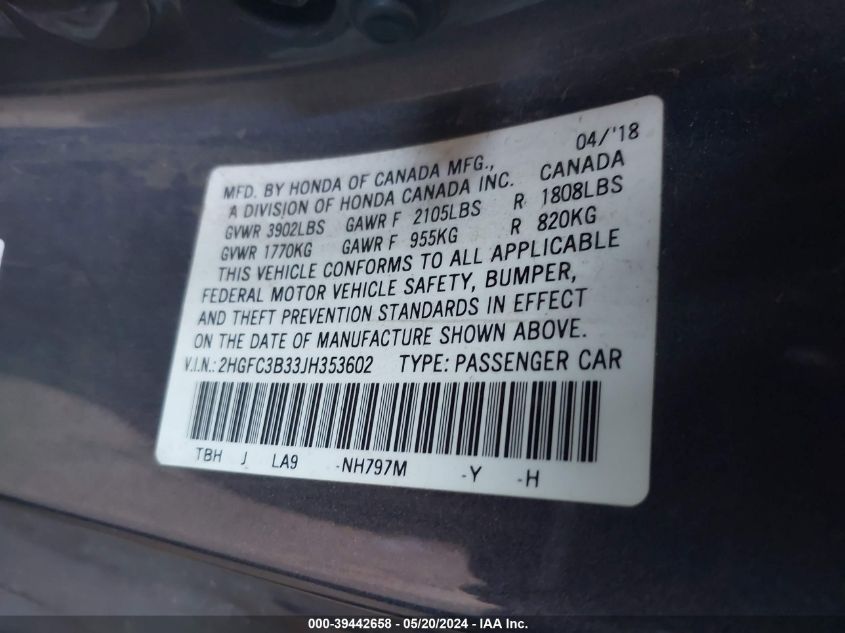 2018 Honda Civic Ex-T VIN: 2HGFC3B33JH353602 Lot: 39442658