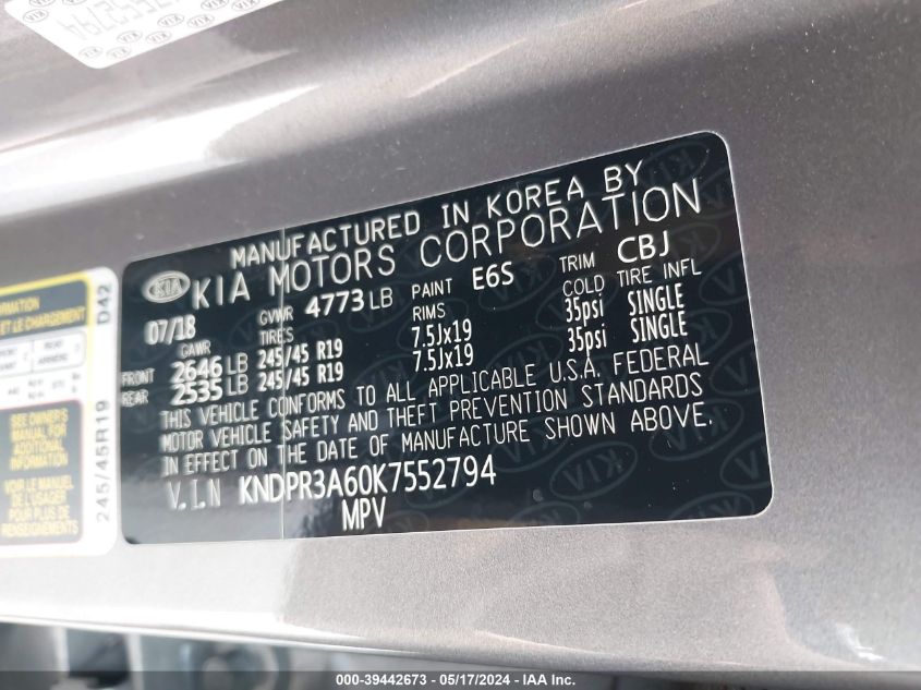 2019 Kia Sportage Sx Turbo VIN: KNDPR3A60K755279 Lot: 39442673