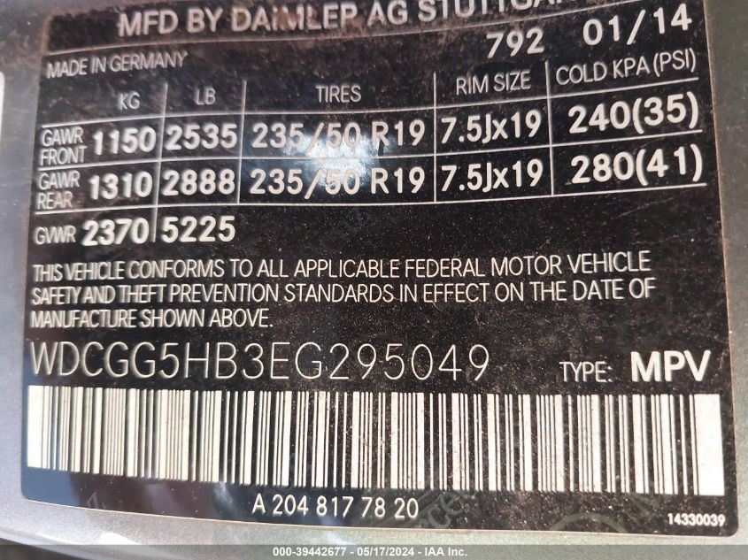 2014 Mercedes-Benz Glk 350 VIN: WDCGG5HB3EG295049 Lot: 39442677