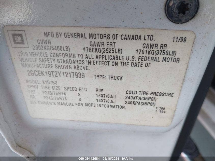 2000 Chevrolet Silverado 1500 Ls VIN: 2GCEK19T2Y1217939 Lot: 39442684
