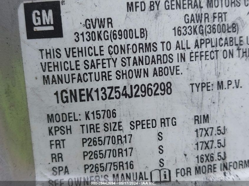 2004 Chevrolet Tahoe Lt VIN: 1GNEK13Z54J296298 Lot: 39442694