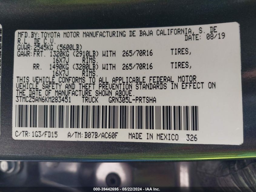 2019 Toyota Tacoma Trd Off Road VIN: 3TMCZ5AN6KM283451 Lot: 39442695