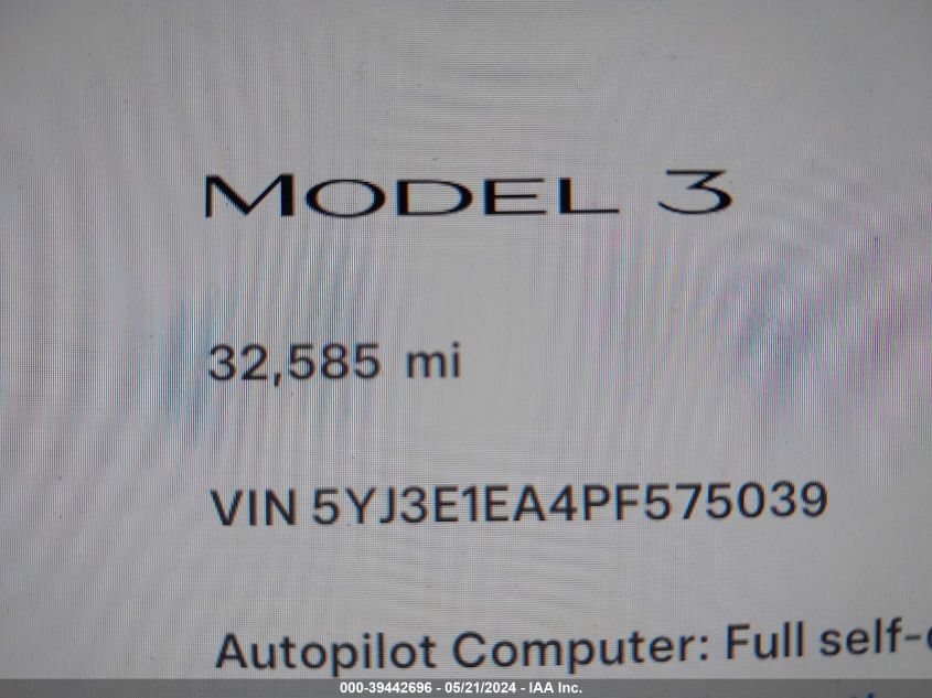 2023 Tesla Model 3 Rear-Wheel Drive VIN: 5YJ3E1EA4PF575039 Lot: 39442696