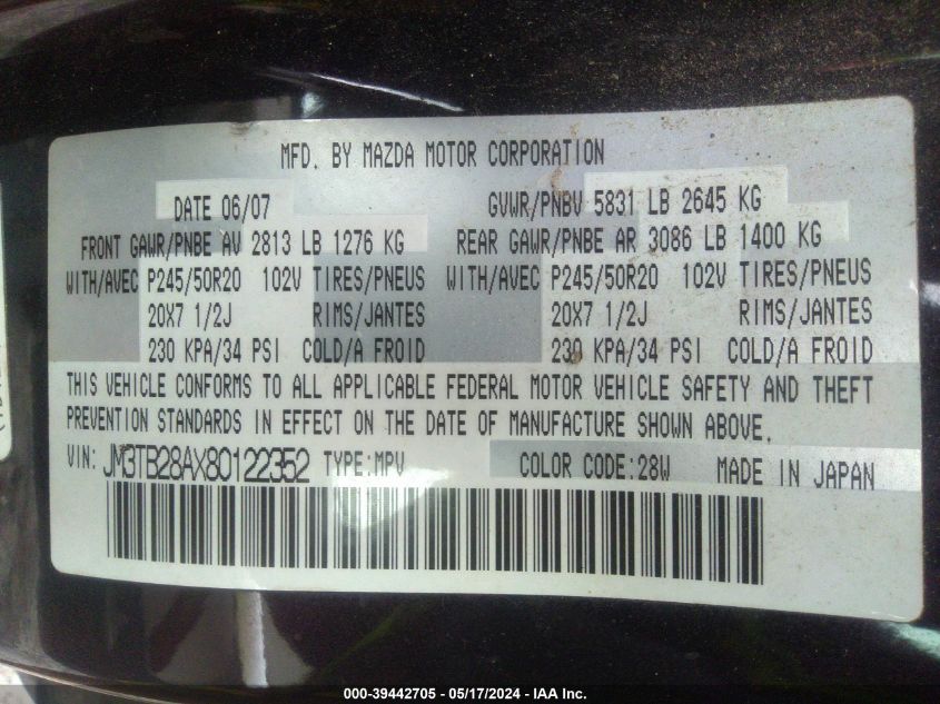 2008 Mazda Cx-9 Grand Touring VIN: JM3TB28AX80122352 Lot: 39442705