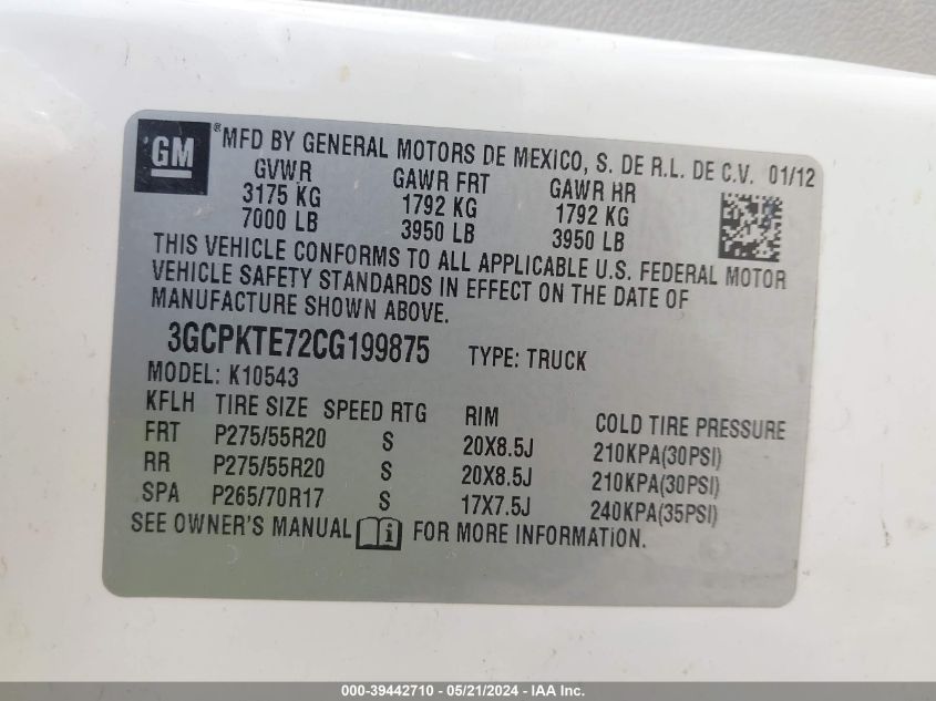 2012 Chevrolet Silverado 1500 Ltz VIN: 3GCPKTE72CG199875 Lot: 39442710