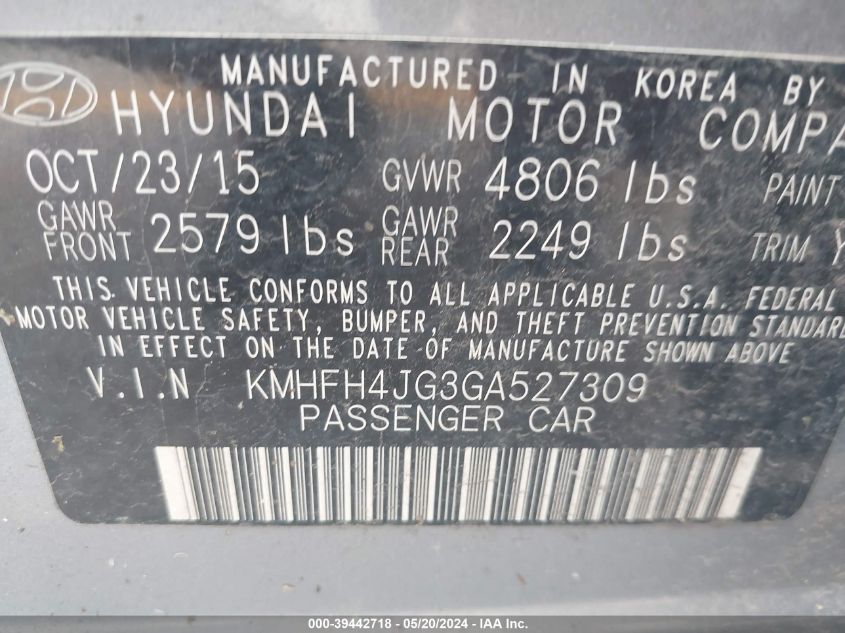 2016 Hyundai Azera Limited VIN: KMHFH4JG3GA527309 Lot: 39442718