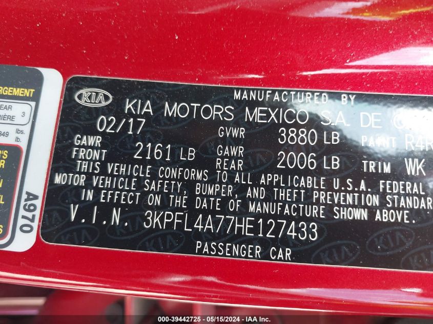 2017 Kia Forte S VIN: 3KPFL4A77HE127433 Lot: 39442725