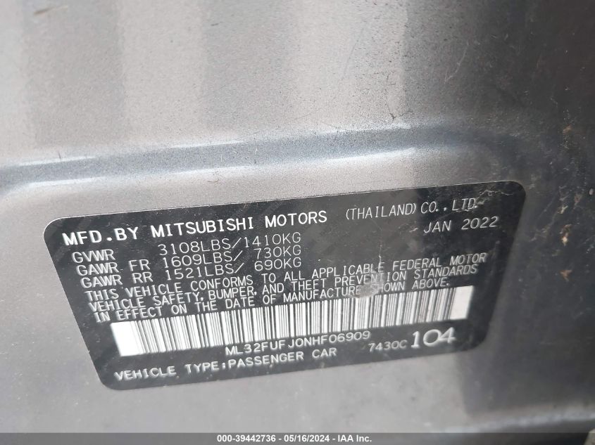 2022 Mitsubishi Mirage G4 Es VIN: ML32FUFJ0NHF06909 Lot: 39442736