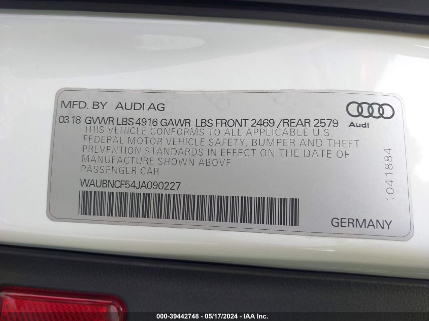 2018 Audi A5 Premium Plus VIN: WAUBNCF54JA090227 Lot: 39442748
