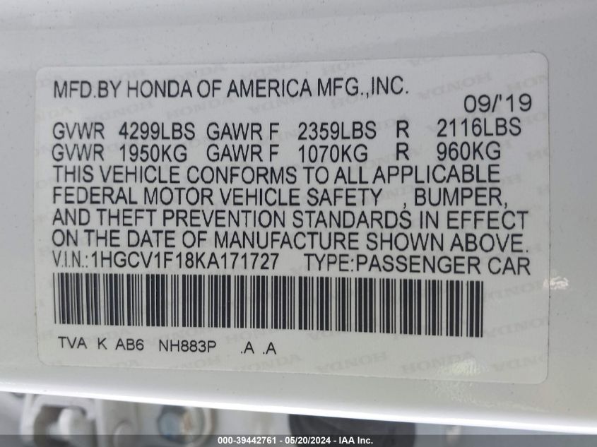 2019 Honda Accord Lx VIN: 1HGCV1F18KA171727 Lot: 39442761