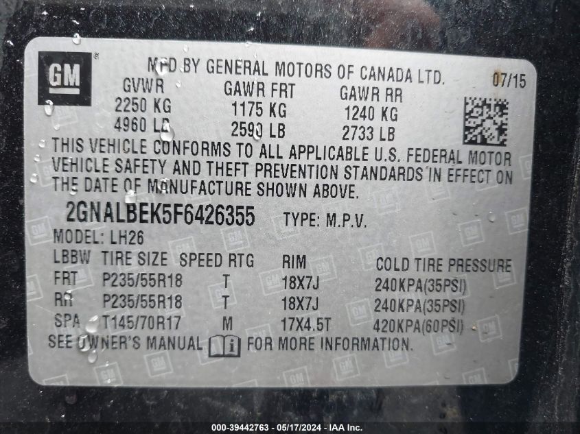 2015 Chevrolet Equinox 1Lt VIN: 2GNALBEK5F6426355 Lot: 39442763