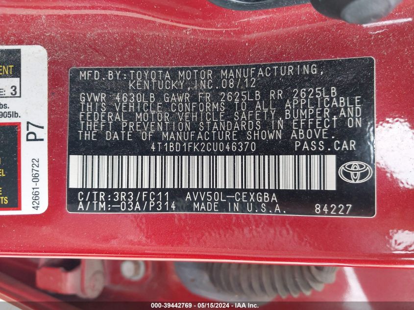 2012 Toyota Camry Hybrid Xle VIN: 4T1BD1FK2CU046370 Lot: 39442769