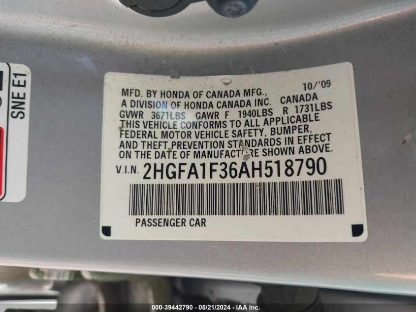2010 Honda Civic Vp VIN: 2HGFA1F36AH158790 Lot: 39442790