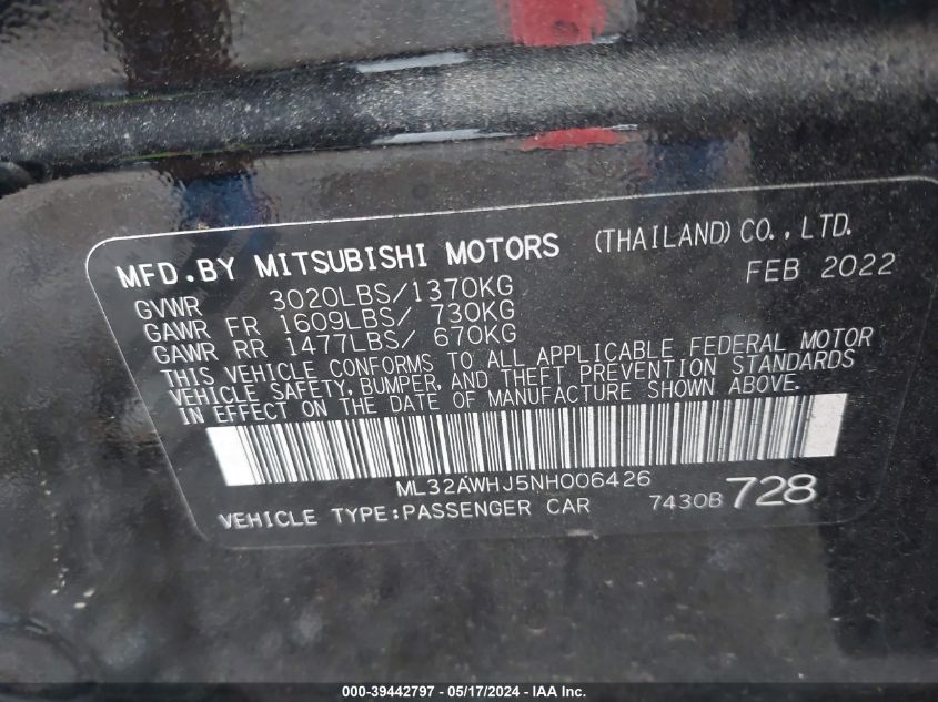 2022 Mitsubishi Mirage Se/Black Edition/Gt VIN: ML32AWHJ5NH006426 Lot: 39442797