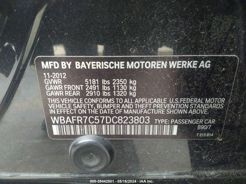 2013 BMW 535I VIN: WBAFR7C57DC823803 Lot: 39442801