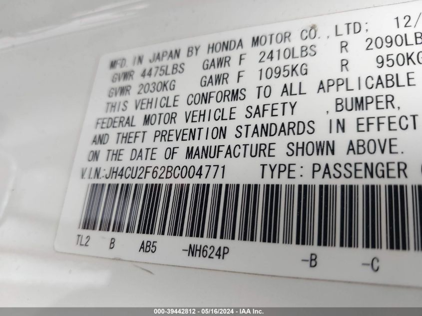 2011 Acura Tsx 2.4 VIN: JH4CU2F62BC004771 Lot: 39442812