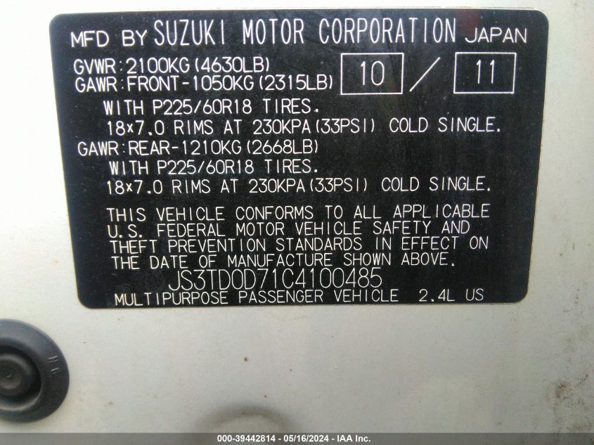 2012 Suzuki Grand Vitara Limited VIN: JS3TD0D71C4100485 Lot: 39442814