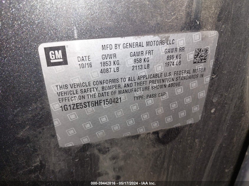 2017 Chevrolet Malibu 1Lt VIN: 1G1ZE5ST6HF150421 Lot: 39442816