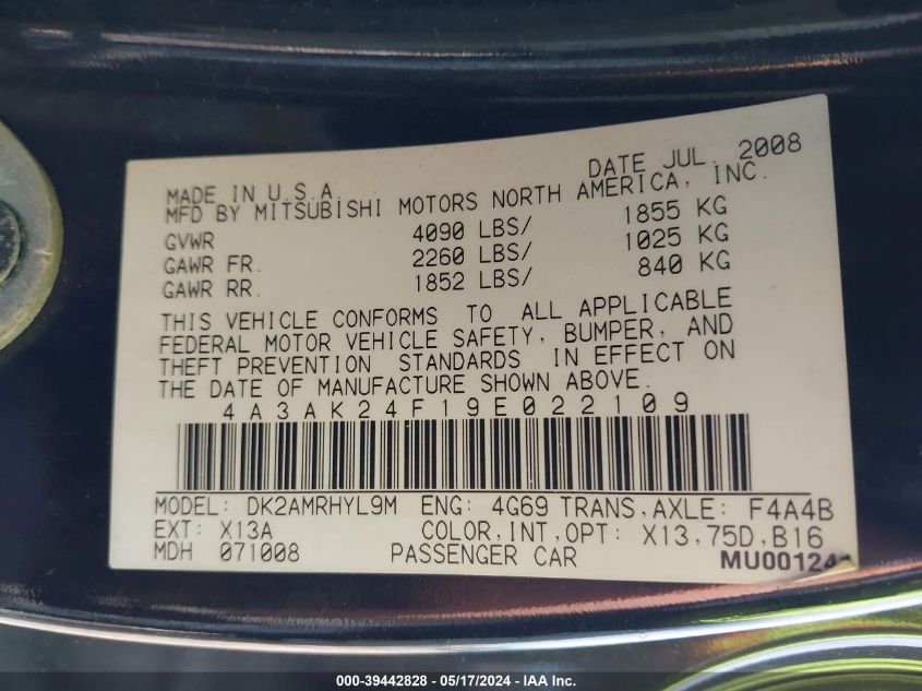 2009 Mitsubishi Eclipse Gs VIN: 4A3AK24F19E022109 Lot: 39442828