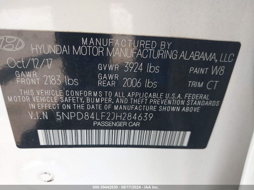 2018 Hyundai Elantra Limited VIN: 5NPD84LF2JH284639 Lot: 39442830