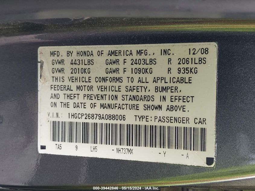 2009 Honda Accord 2.4 Ex-L VIN: 1HGCP26879A088006 Lot: 39442846