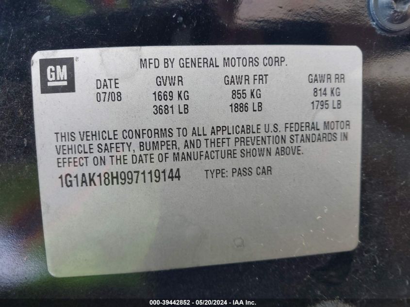 2009 Chevrolet Cobalt Ls VIN: 1G1AK18H997119144 Lot: 39442852