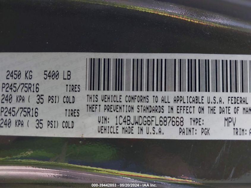 2015 Jeep Wrangler Unlimited Sport VIN: 1C4BJWDG6FL687668 Lot: 39442853