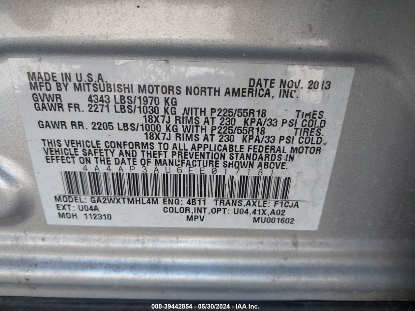 2014 MITSUBISHI OUTLANDER SPORT ES - 4A4AP3AU6EE017181